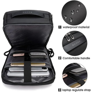 Black top-open backpack with laptop-sized compartment and cushioned interior divider