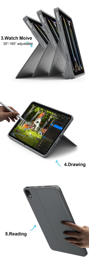 Gray folio keyboard case in standing mode, tablet tilted for watching and drawing