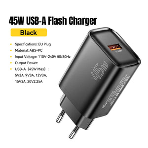 ESSAGER 45W USB Charger with QC3.0 and PD Fast Charging - Black