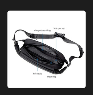 Crossbody bag interior layout with main pocket and mesh pockets for organization