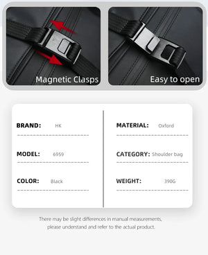 Black shoulder bag showing magnetic clasps and easy-open closure details