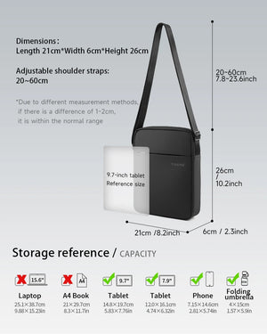 Black crossbody bag dimensions diagram and adjustable strap measurement