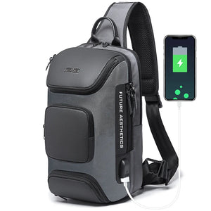 Grey crossbody sling bag with side pocket, USB charging cable, and adjustable strap