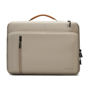 Beige protective laptop bag with brown handle and front zipper compartment