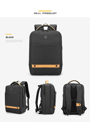 Black travel backpack with front pocket, side straps, and padded shoulder straps.