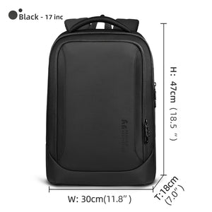 Large waterproof travel backpack, black front with top handle and side zippers