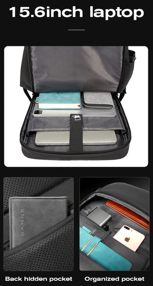 Black travel backpack open view with laptop sleeve and organized interior pockets