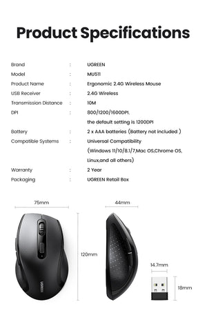 UGREEN MU511 Ergonomic Wireless Mouse