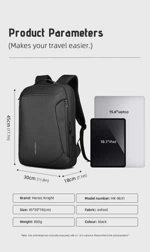 Black backpack with front view size diagram showing laptop fit and compact dimensions