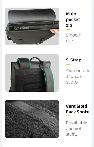 Waterproof travel backpack details: main zip pocket, padded S-strap, ventilated back