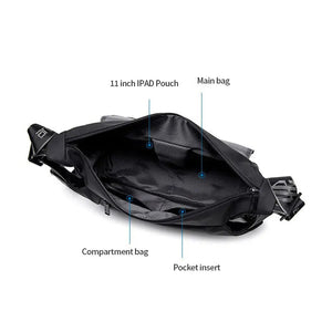 Black crossbody bag interior showing main compartment pouch and pocket insert