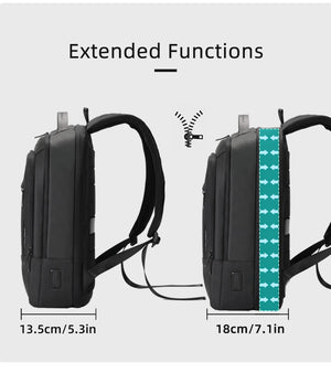 Black backpack with extended function, side view showing height measurements
