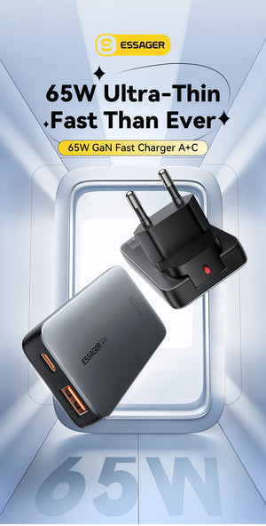 ESSAGER 65W Ultra Thin GaN Travel USB Charger with Quick Charge 4.0, PD3.0 - Black