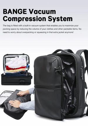 Black vacuum compression travel backpack with internal packing visible in an open side compartment