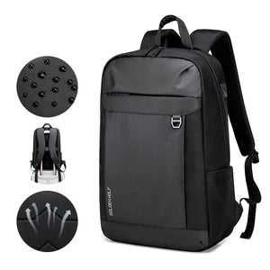 Black travel backpack with front pocket and side straps; boxy upright shape