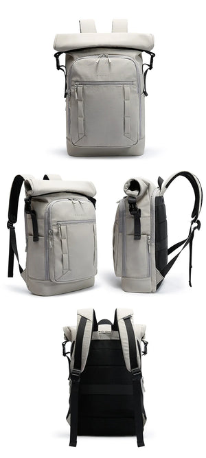Light gray expandable roll-top waterproof backpack shown front, side, and back views
