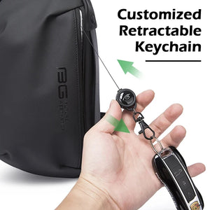 Black sling bag with side zip pocket and retractable keychain clip