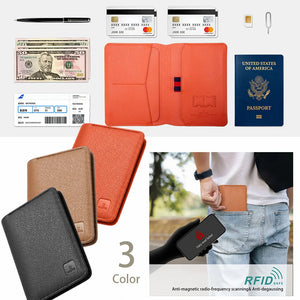 Orange leather passport wallet opened, card slots and inner passport space shown