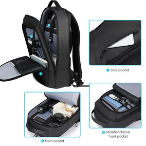Black backpack interior with main pocket storage and zip front pocket plus side pocket