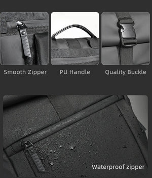 Black roll-top waterproof travel backpack with smooth zipper, PU handle, and reinforced buckle