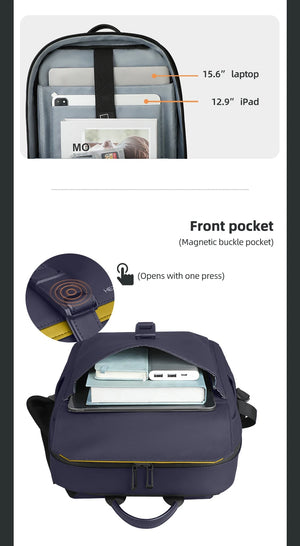 Navy commuter backpack with front pocket and magnetic buckle, shown with inner compartments