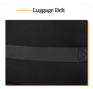 Back panel of black travel backpack with luggage strap and breathable mesh section.