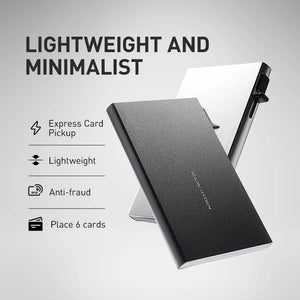 Silver aluminum pop-up card holder, angled view with flip-out latch