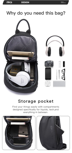 Black crossbody sling bag with top handle, storage pocket and front zipper compartment.