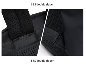 Black backpack close-up showing SBS double zippers