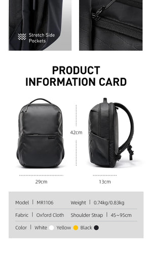 Compact laptop backpack front and side view with stretch side pockets