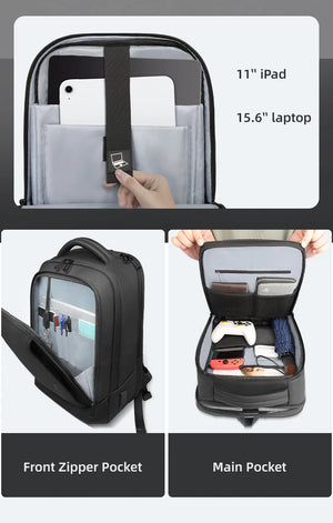 Black travel backpack open interior with space for tablet and 15.6 in laptop
