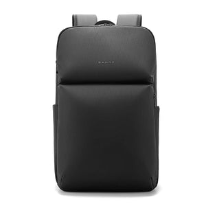 Black water-resistant travel backpack with textured front and top padding