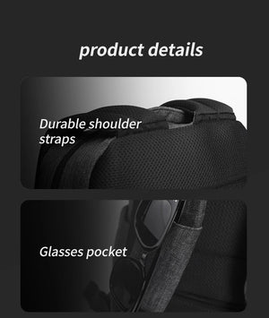 Grey backpack with durable shoulder straps and glasses pocket on the front