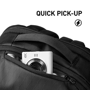 Black backpack front zipper pocket with inner elastic strap and card-sized slot