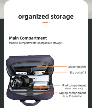 Navy waterproof commuter backpack open main compartment with zipper and iPad sleeve