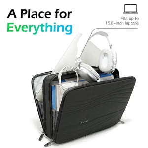 Black laptop sleeve with open interior showing padded compartments and zipper