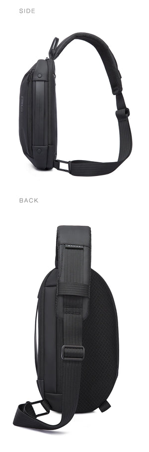 Black crossbody sling bag side and back views with adjustable shoulder strap.