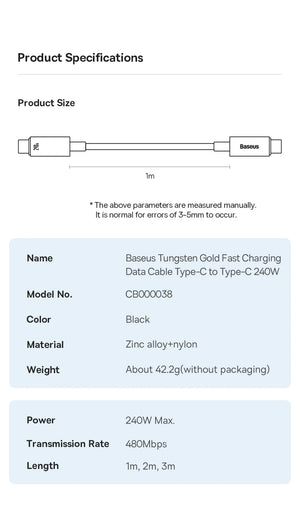 BASEUS Tungsten Gold 240W USB-C to USB-C Fast Charging Cable