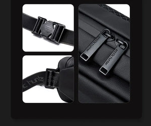 Black waterproof crossbody bag strap with adjustable buckle and metal hardware