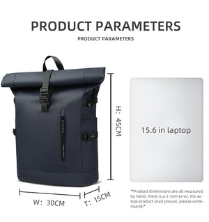 Dark blue roll-top waterproof travel backpack with padded laptop compartment