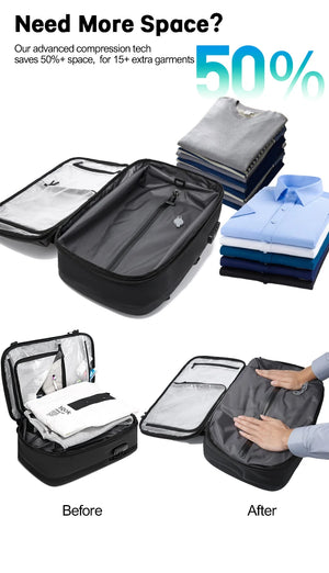 Black vacuum compression travel backpack showing before-and-after packing inside the open bag