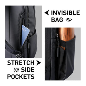 Black backpack side pockets with stretch panels and concealed zipper side openings