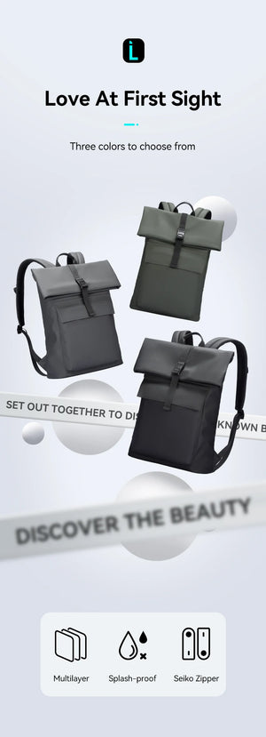 Roll-top expandable backpack in three colors: light grey, green, and dark grey