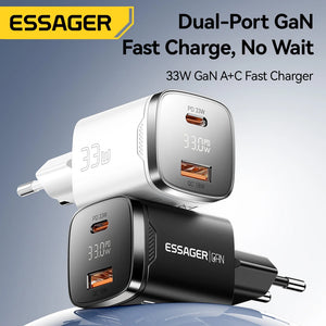 ESSAGER 33W GaN USB Charger with Digital Display and PD Fast Charging - Black