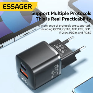 ESSAGER 20W GaN USB Charger with PD Fast Charging and QC3.0 - Black