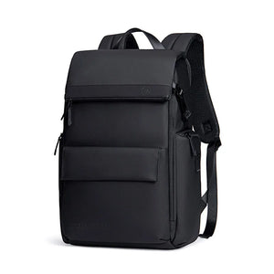 Black waterproof travel backpack with front zip pocket and adjustable shoulder straps