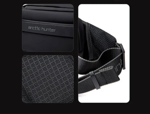 Black crossbody bag interior pocket and strap attachment on textured fabric panel detail.
