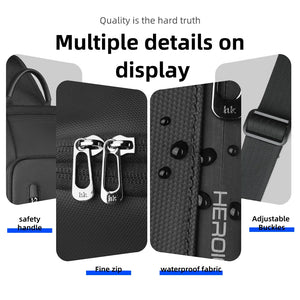 Black textured chest bag with metal zipper pulls and adjustable buckle strap