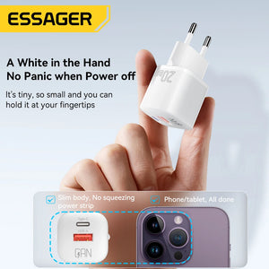 ESSAGER 20W GaN USB Charger with PD Fast Charging and QC3.0 - White