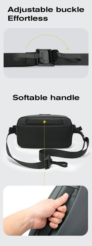 Crossbody bag showing adjustable buckle strap and soft top handle detail.